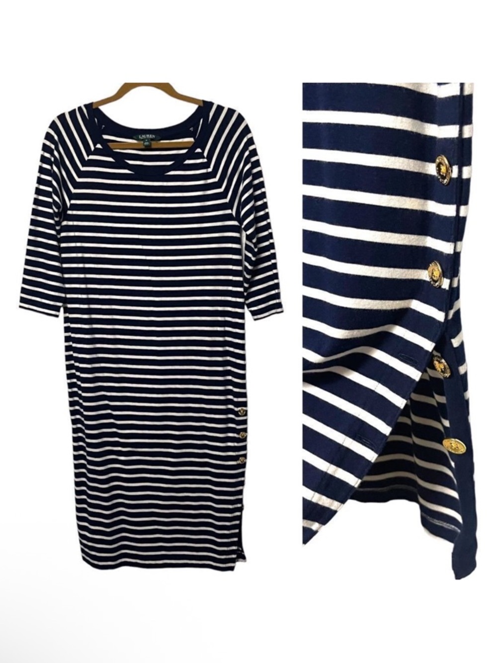 LAUREN RALPH LAUREN Striped Cotton Modal Shirt Dress M